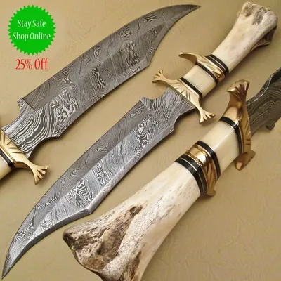 BEAUTIFUL CUSTOM HAND MADE DAMASCUS STEEL HUNTING BOWIE KNIFE HANDLE CAMEL  BONE | eBay