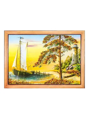 Красивый пейзаж с натуральным янтарём «В закатной дымке» 23 см (В) х 33 см  (Ш) в интернет-магазине янтаря