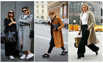 Как носить и сочетать пальто с кроссовками женщинам?