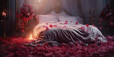 День валентинки Святого, белая большая кровать с лепестками розы Стоковое  Фото - изображение насчитывающей развилки, романтично: 70635622