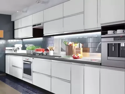 Прямая кухня Альта VIP Master 4,6 метра с пеналом ✓ Купить кухню с фасадом  в алюминиевой рамке: цена, фото, отзывы ✠ Киев-Мебель