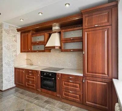 Глянцевая угловая кухня коричневого цвета с холодильником купить в  Краснодаре по низким ценам