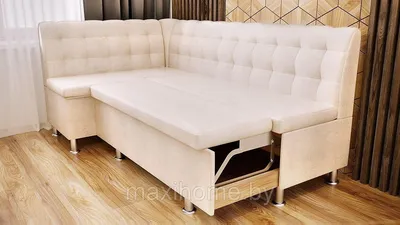 Прямой кухонный диван в кремовой тканевой обивке из флока на белых  деревянных ножках - купить в Минске