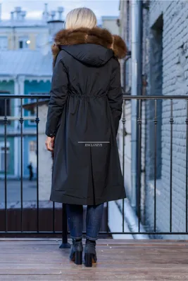 Куртка парка женская зимняя черная длинная с черным мехом - Karia.shop
