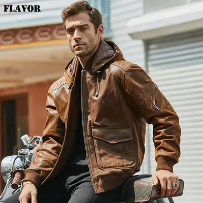 Новая мужская кожаная куртка, коричневая куртка из натуральной кожи со  съемным капюшоном, теплая кожаная куртка для мужчин | AliExpress
