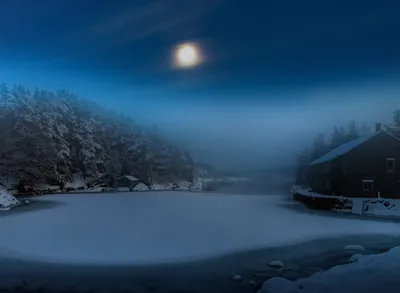 Купить пейзаж: Луна над озером зимой, русский художник Шультце Иван,  швейцарский пейзаж,, купить репродукцию картины, купить картину художника