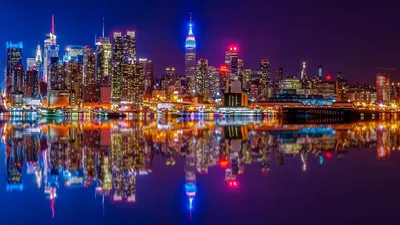 Фотографии Нью-Йорк Манхэттен США мегаполиса в ночи Небоскребы город