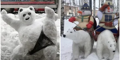 Удивительное фото медведя, выполненное из снега