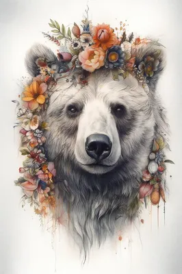 Великолепное изображение медведя с цветами на фоне природы