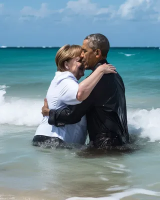 Angela merkel and barak obama eating ice cream at the beach in realistic on  Craiyon