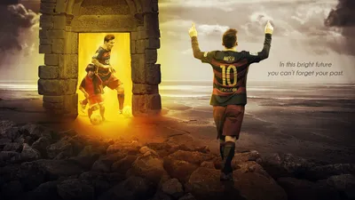 Обои на рабочий стол Лионель Месси / Lionel Mess на фоне стадиона Камп Ноу  / Camp Nou, Барселона, Испания / Barcelona, Spain и фразой Барселона-Больше  Чем Клуб, by Naji Krayem, обои для