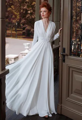 Белое платье с длинным рукавом из шифона | Купить GraceEvening.ru Москва