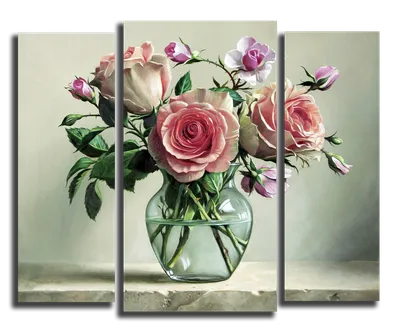 Модульная картина \"Розы в стеклянной вазе\"