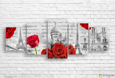 Красные розы на ретро Париж фоне_Полиптих| Модульные картины, постеры,  печать на холсте, интернет магазин, Кишинев, Молдова