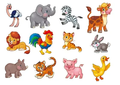 Мультяшный набор векторных картинок с дикими животными для детей.  Изображение осла, тигра и барсука. Stock Vector | Adobe Stock