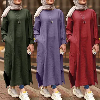 Купить Мусульманская одежда Женские платья Сплошной цвет Платье-рубашка с  длинными рукавами Повседневный карманный халат Musulman Дубай Мусульманский  кафтан Мусульманские платья Oversize L-5XL | Joom