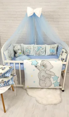 Комплект в кроватку для новорожденных с бортиками \"Мишка на Луне\" с  эксклюзивной вышивкой. Выбор цвета
