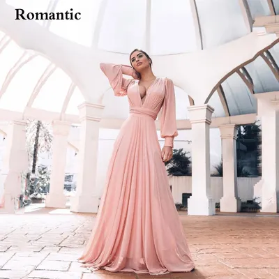 Романтичные элегантные вечерние платья, розовые шифоновые платья для  выпускного вечера со съемными рукавами, длинные платья с V-образным вырезом  для вечеринки | AliExpress