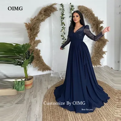 Блестящие синие арабские вечерние платья OIMG с длинным рукавом, блестящие шифоновые  платья с V-образным вырезом для выпускного вечера, женское платье для  матери | AliExpress