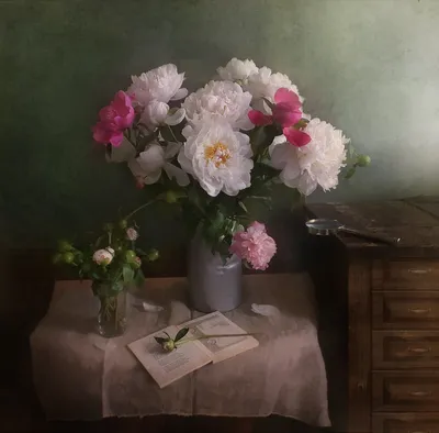 Картины Цветы в вазе \"Натюрморт с пионами на зелёном фоне\" - арт 0120023029  | Купить в интернет-магазине Фото в дом - Фото в дом