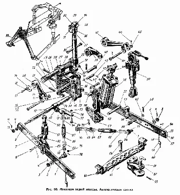 Механизм задней навески. Автоматическая сцепка ЮМЗ-6Л (Чертеж № 67: список  деталей, стоимость запчастей). Каталог 1991г.