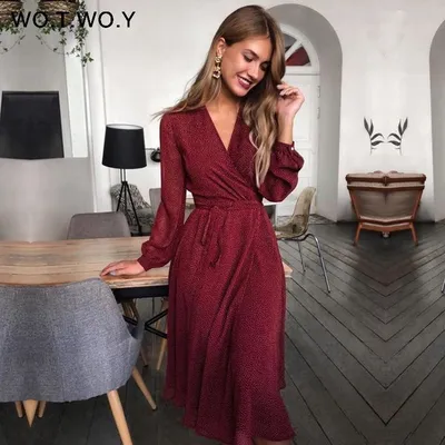 WOTWOY Bohemian Dot Print Dresses | Long sleeve print dress, Womens  dresses, Fashion