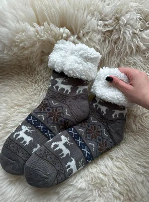 Серые носки домашние женские Снежинка антискользящие новогодние