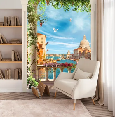 Обои виниловые / фотообои 3d на стену флизелиновые, Город Венеция с балкона  с цветами и колоннами 3д, 200*270 см - купить по выгодной цене в  интернет-магазине OZON (412031146)