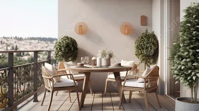 3d рендеринг балкона открытой террасы со скандинавским современным дизайном  обеденного стола, патио, терраса, Садовая мебель фон картинки и Фото для  бесплатной загрузки