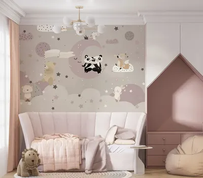 Фотообои Дизайн обоев для детской комнаты с милыми животными на облаках  Nru98973 купить на заказ в интернет-магазине