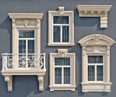 Обрамление окон на фасаде дома. Наличники, пилястры, замковые камни и  другие элементы фасадного декора из пенопласта