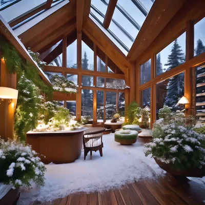 Дизайн зимнего сада в мансарде дома. Фото интерьеров
