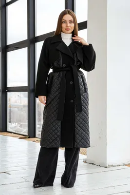 Стильное стеганое пальто двубортное комбинированное утепленное с поясом  английский воротник черное (ID#1962586398), цена: 3420 ₴, купить на Prom.ua