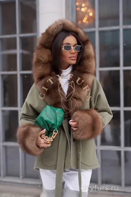 Пальто с мехом куницы - цвет хаки купить с доставкой в Москве | CITY FURS
