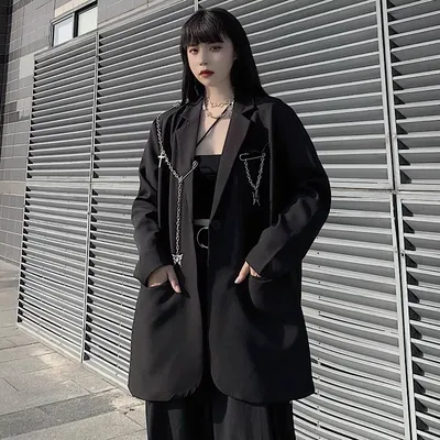 Женское пальто с коротким рукавом, Свободный Повседневный однотонный топ с  длинным рукавом и отложным воротником в Корейском стиле Харадзюку, уличная  одежда с цепочками, весна 2023 | AliExpress