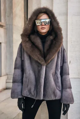 Пальто с мехом норки - цвет голубой купить с доставкой в Москве | CITY FURS