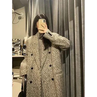 Женское зимнее пальто в елочку О-876