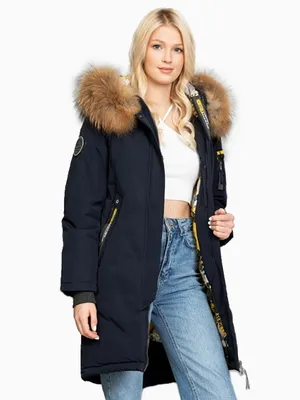 Куртка парка женская зимняя черная длинная с бежевым мехом - Karia.shop