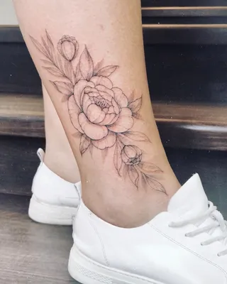 Elegant Peony Tattoo on Ankle by Pakhanoff Tattoo Art