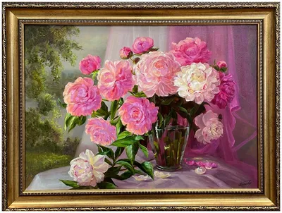 Картина маслом \"Натюрморт с пионами и вишней\" 50x60 AV170404 купить в Москве