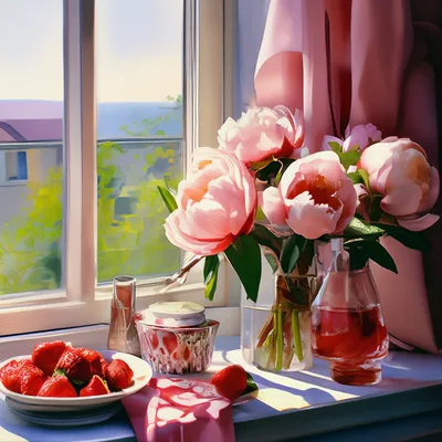 Пионы на окне за окном розовый …» — создано в Шедевруме