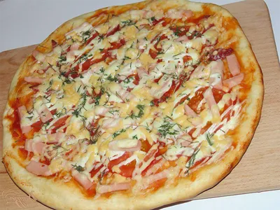 Пицца с колбасой, помидором свежим, маринованным огурцом, шампиньонами,  сыром, майонезом и кисло-сл...