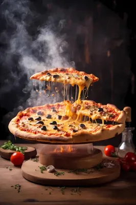 Пицца с плавленым сыром с мясом и овощами на столе с размытым фоном |  Премиум Фото