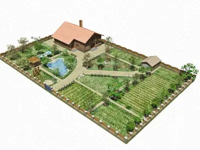Планировка участка 15 соток: ландшафтный дизайн, фото проектов с загородным  домом, баней, гаражом и хозпостройками, схема, план территории  прямоугольной формы