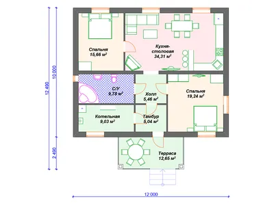 Загородный одноэтажный коттедж с тремя спальнями 12 на 8, проект и  комплектация