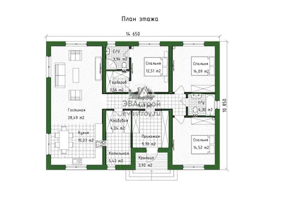 DTM54 – проект простого одноэтажного дома 12 на 10 с 3 спальнями