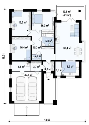 Проект одноэтажного дома 10х15,12 с террасой и крыльцом, с жилой площадью  92м2 - DOMOKEA