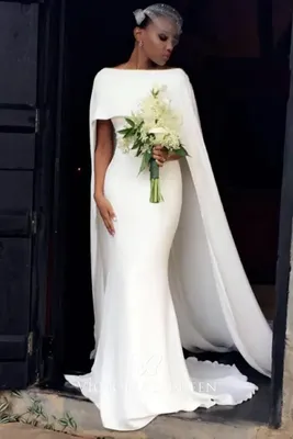 Unique Cape Chapel Train Boat Neck Mermaid Wedding Gown - VQ