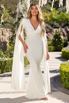 Beloved Ivory Plunge Neck Maxi Dress With Cape Sleeves – Club L London - USA