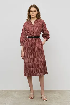 Хлопковое платье миди прямого кроя с принтом - артикул B4523054, цвет  MAROON PRINTED - купить по цене 3629 руб. в интернет-магазине Baon